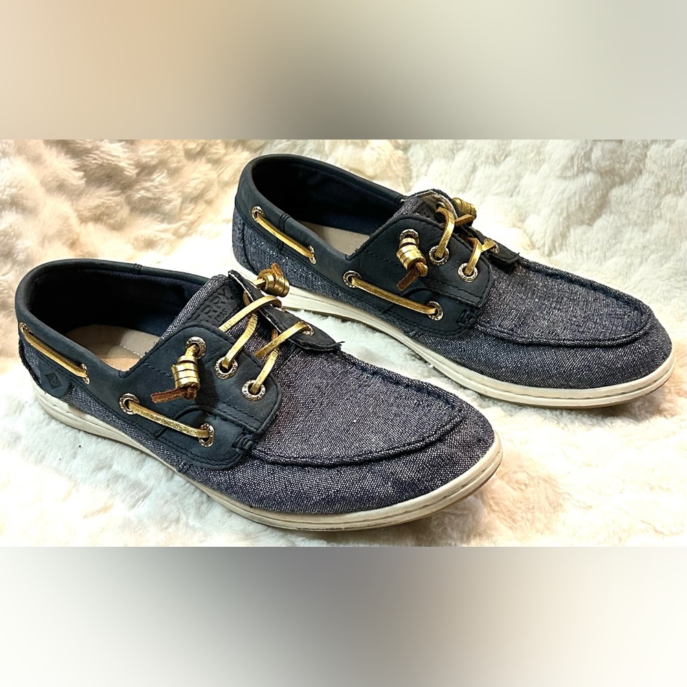Sperry Top sider leather blue silver gold sparkle loafer womens size  7.5